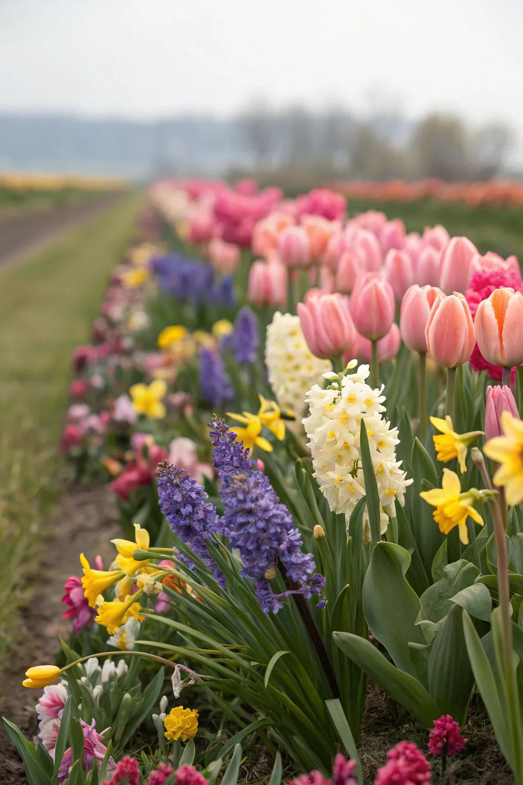 A stunning mixed edge of tulips, hyacinths, and daffodils, providing a symphony of colors and textures.