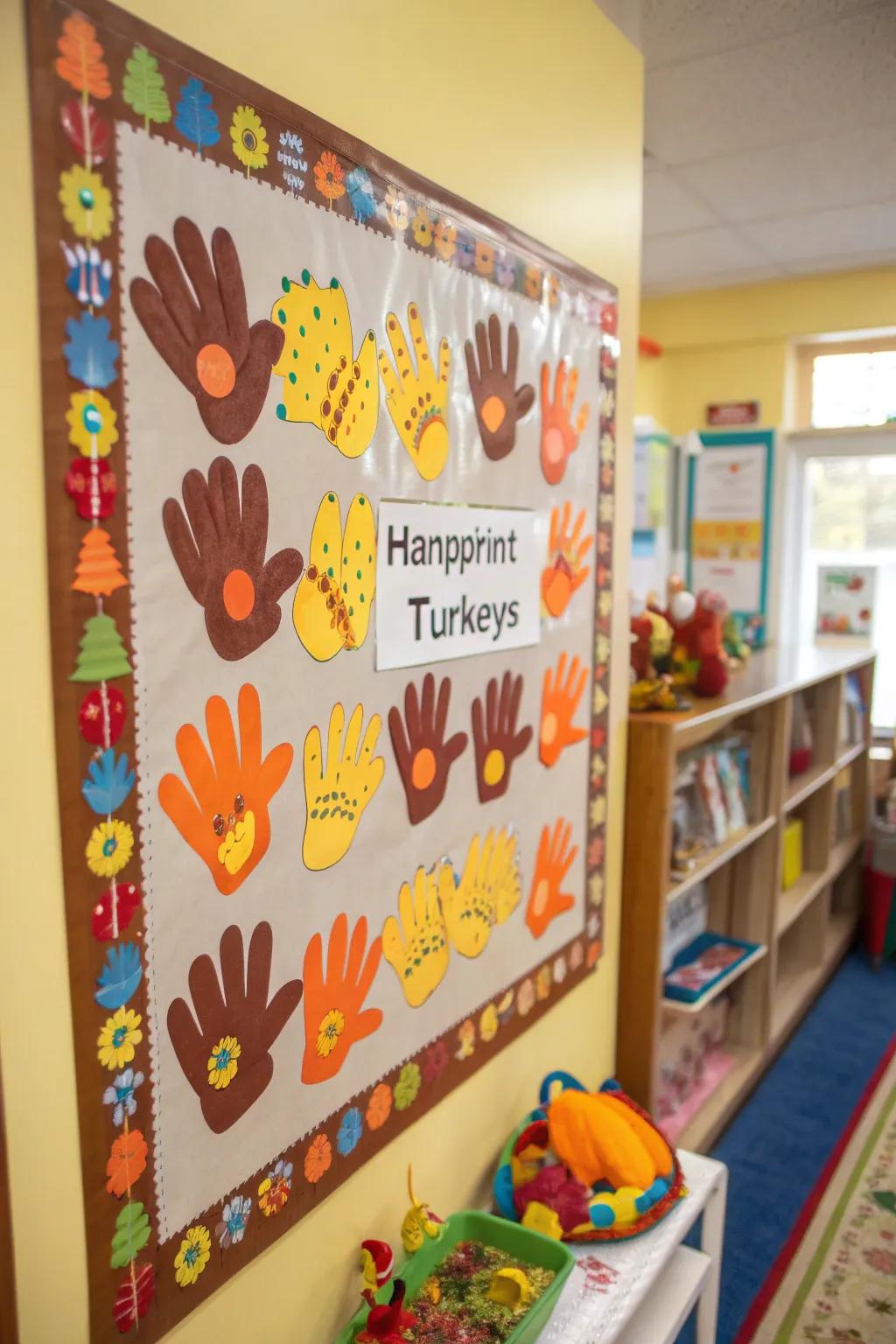 Adorable handprint turkeys bring a unique touch to the Thanksgiving display.