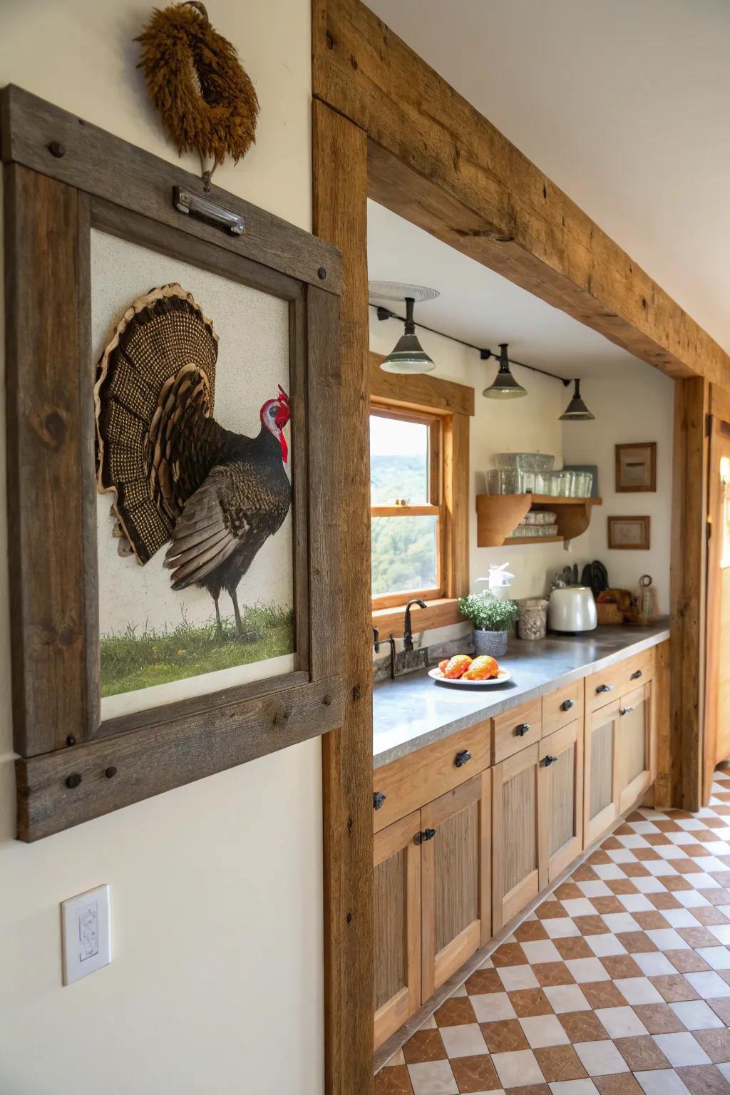 A turkey tail encased in a weathered granary plank border, ideal for a rural aesthetic.