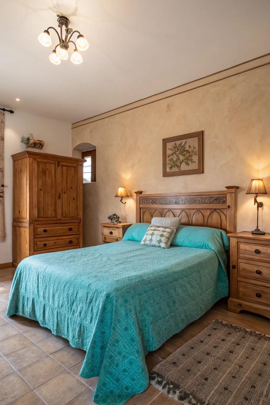 A perfect mix of turquoise and neutral shades creates an elegant bedroom.