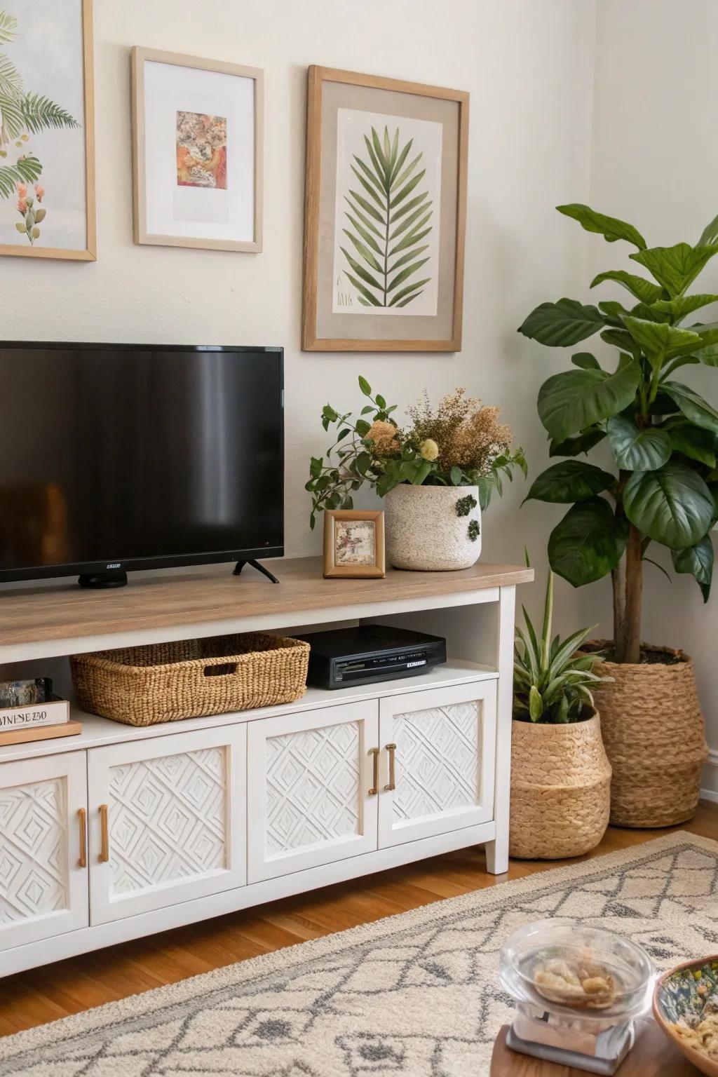 Layered decor achieved with plants and framed art on a TV console.