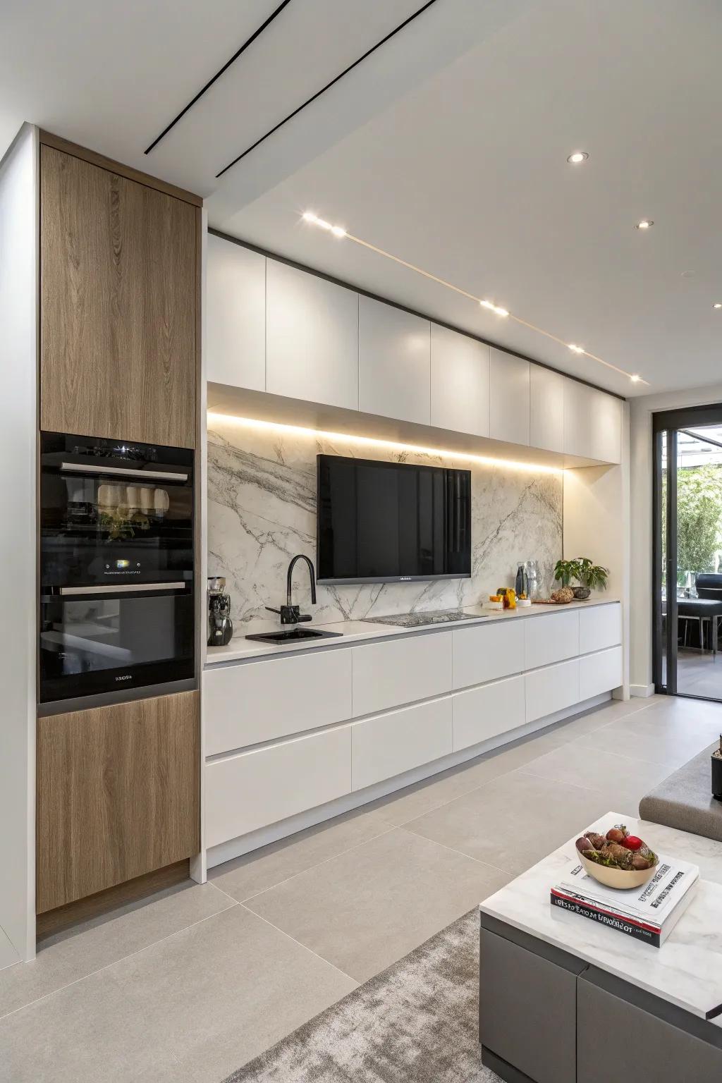 A kitchen where the TV is elegantly incorporated into the cabinetry, maintaining a clean aesthetic.