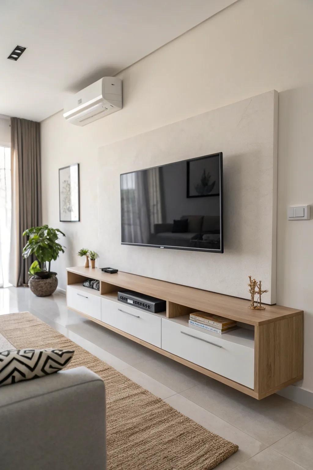 Wall-mounted consoles contribute a contemporary and airy feel.
