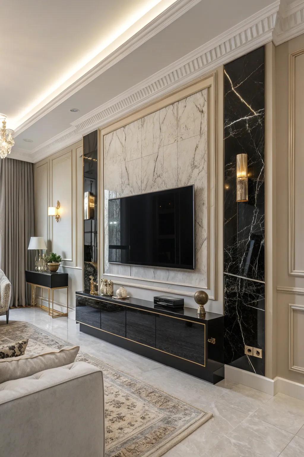 Marble embellishments introduce a hint of luxury to this elegant TV wall.