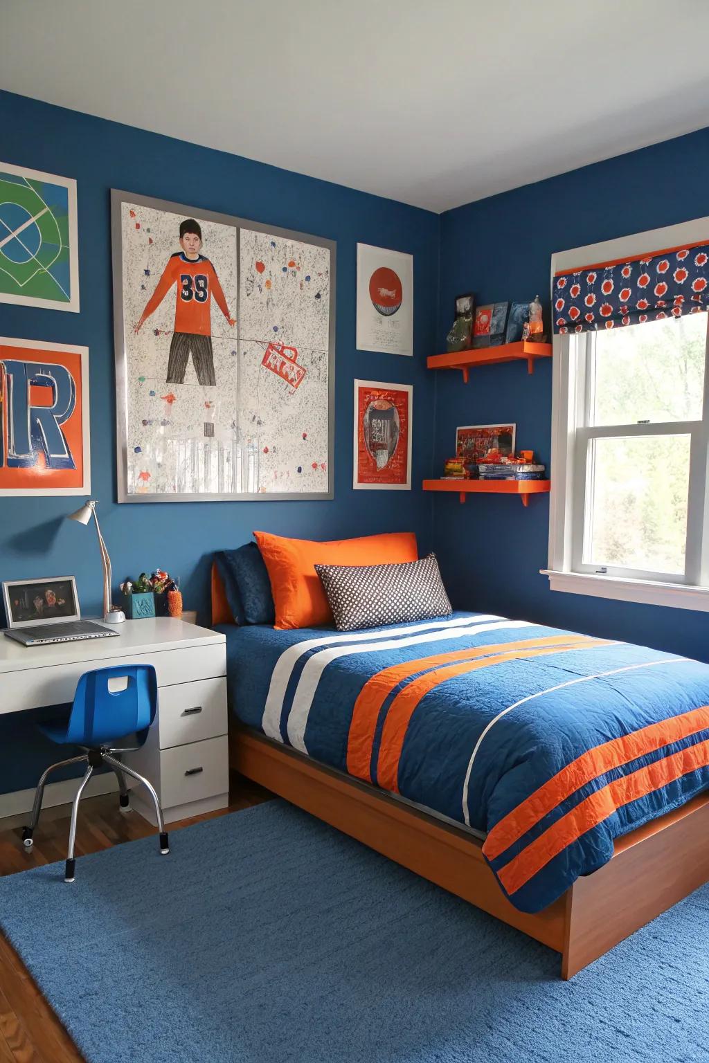 A lively bedroom showcasing a bold color palette of blue and orange.