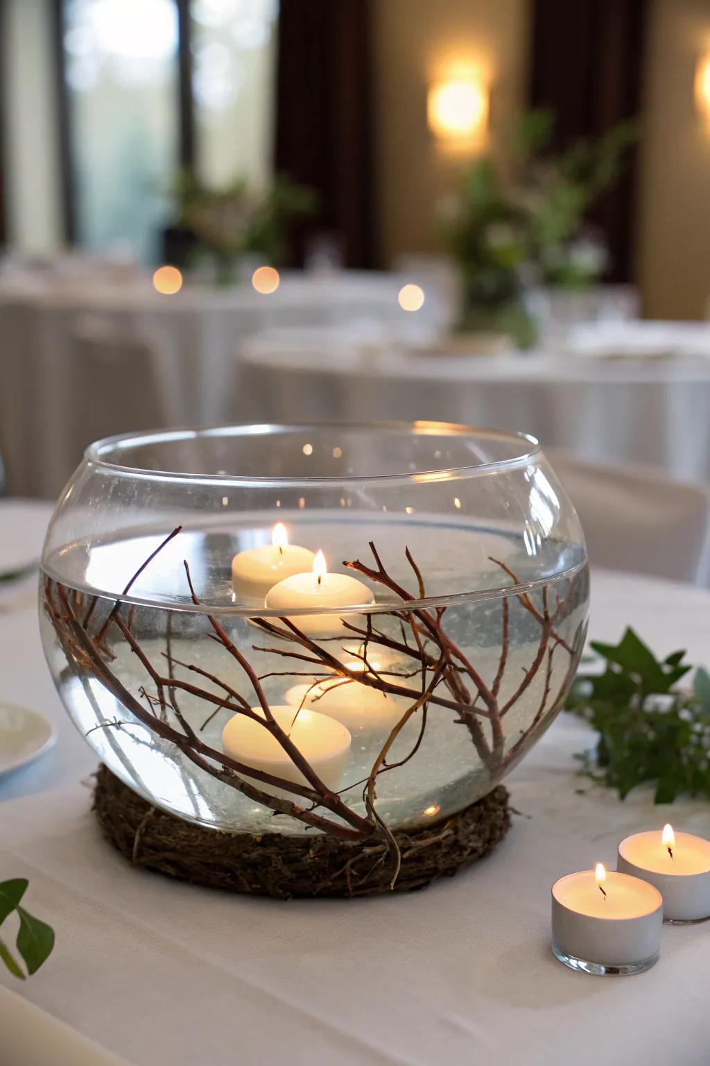 An enchanting drifting branch focal point adorned with radiant lights.