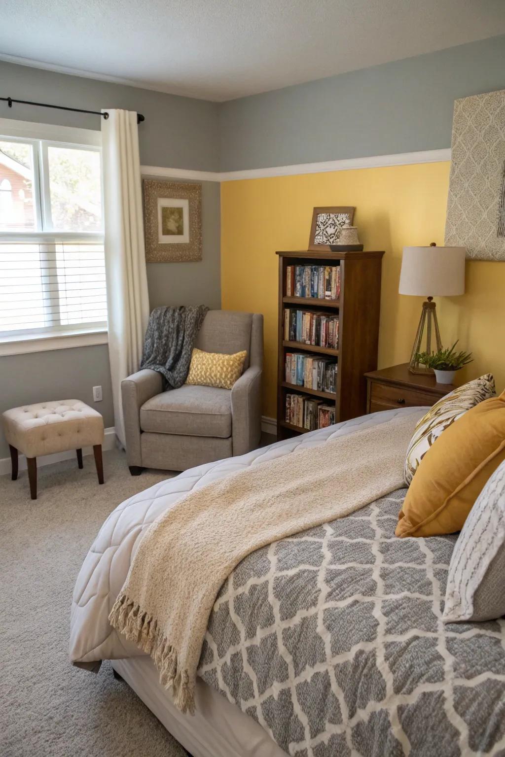 A bedroom designed with soft gray and muted yellow walls, creating an atmosphere that is serene and inviting.