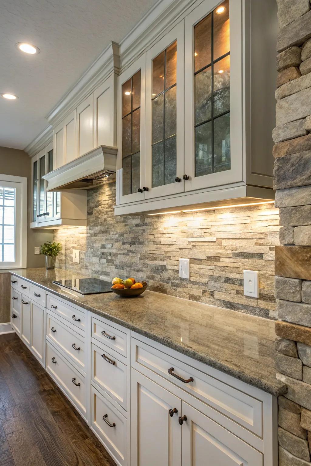 A kitchen displaying an assortment of smooth and rugged textures to enrich its appeal.
