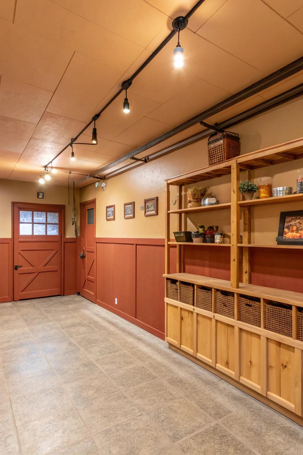 Earthy hues establish a welcoming and agreeable garage setting.