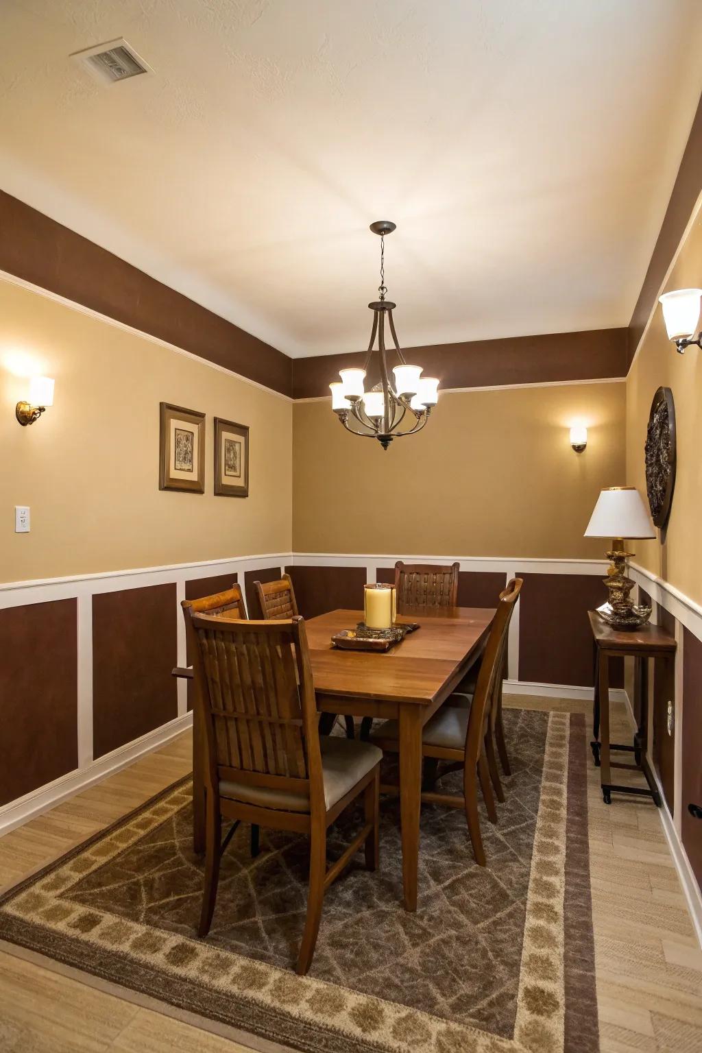 Dining space showcasing sand and mocha walls with a horizontal partition.