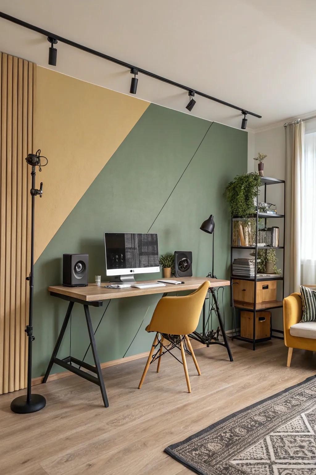Home studio featuring a vertically divided two-toned wall.