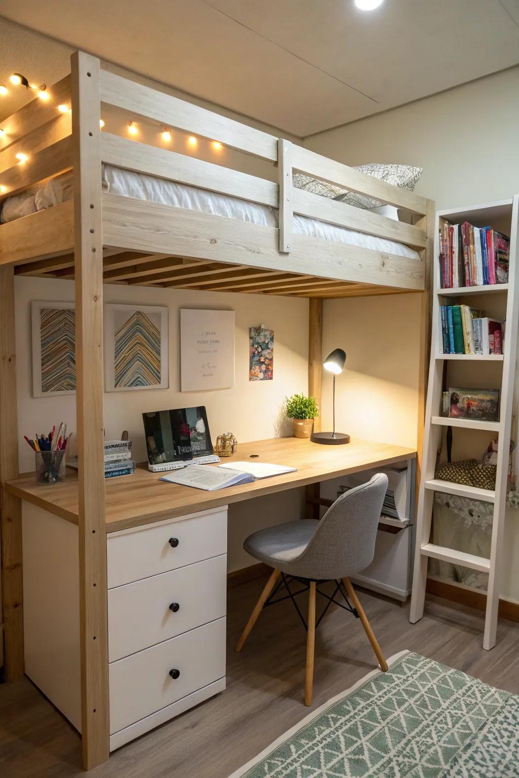 Arrange a mini study spot beneath the bunk bed.