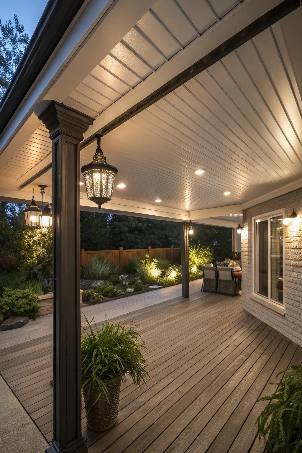 A space beneath the deck showcasing a chic, weather-resistant overhead cover and refined lighting solutions.
