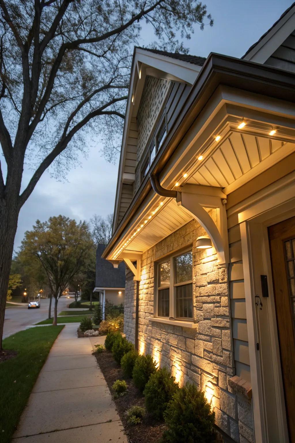 Thoughtfully situated lights accentuate the architectural magnificence of this dwelling.