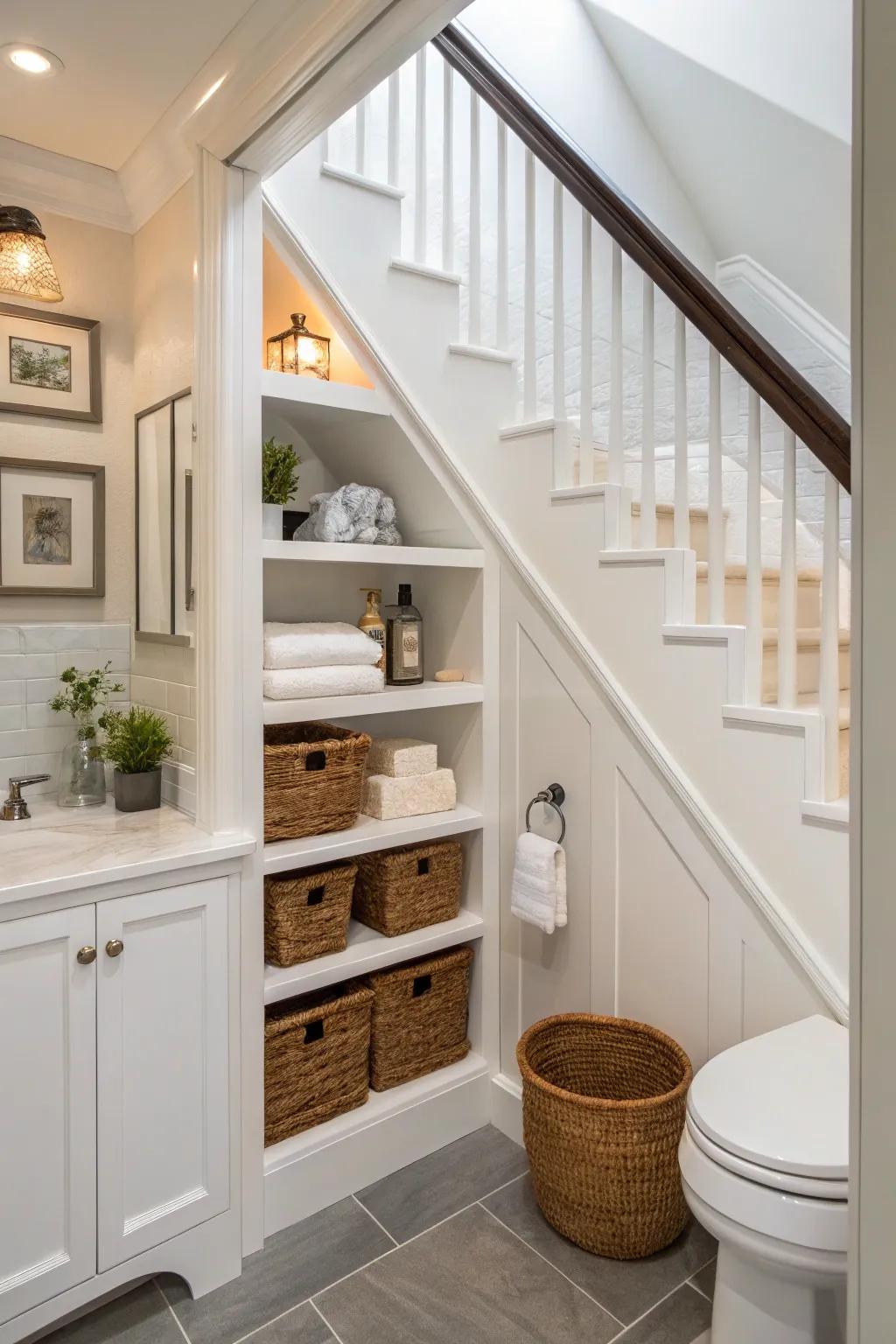 A washroom under the stairs showcasing integrated shelving and inset nooks for effective storage.