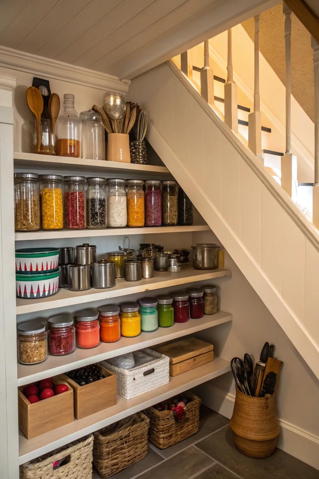 A pantry under the stairs puts your essential kitchen ingredients at your fingertips.