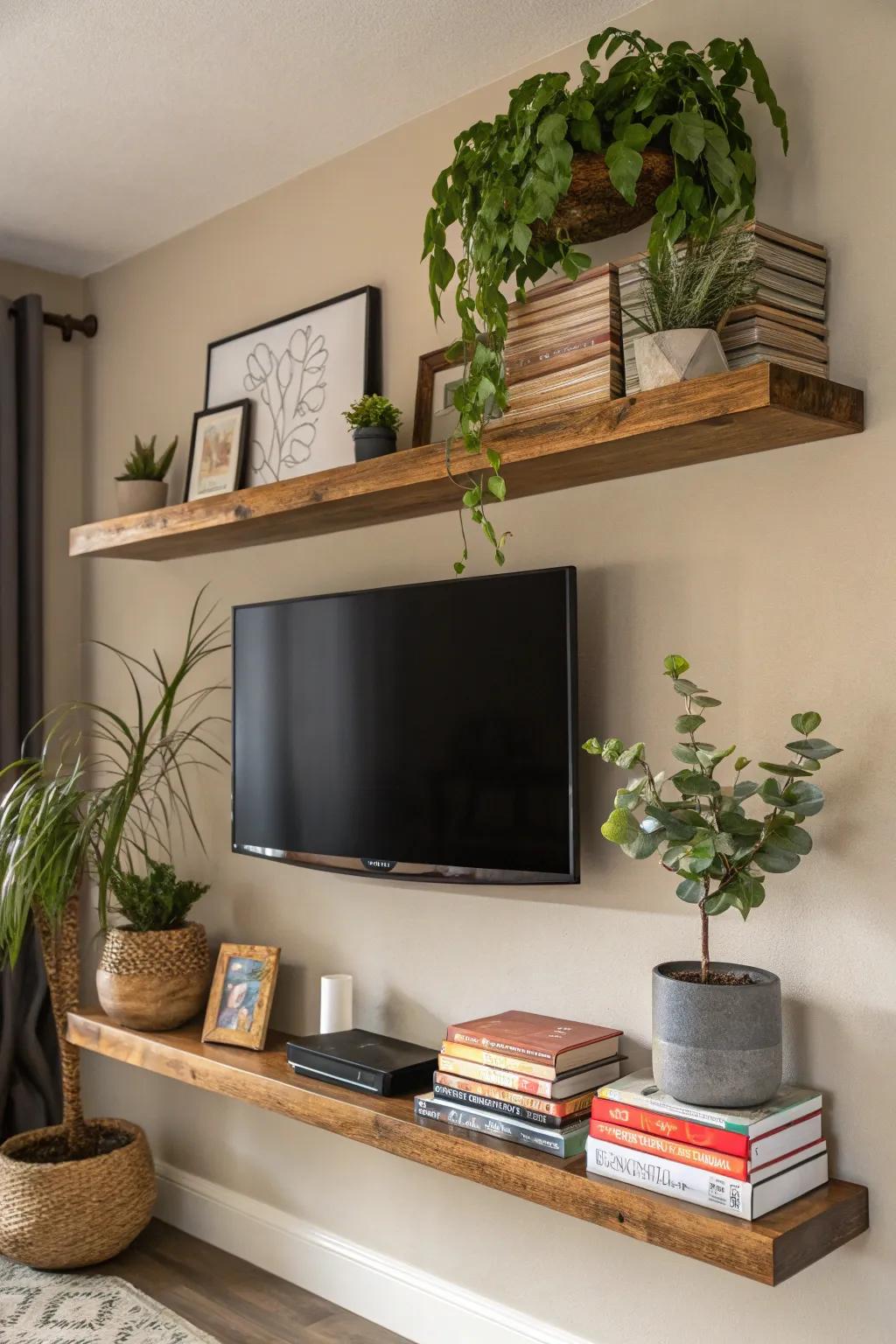 Floating shelves present a contemporary and functional solution under your TV.