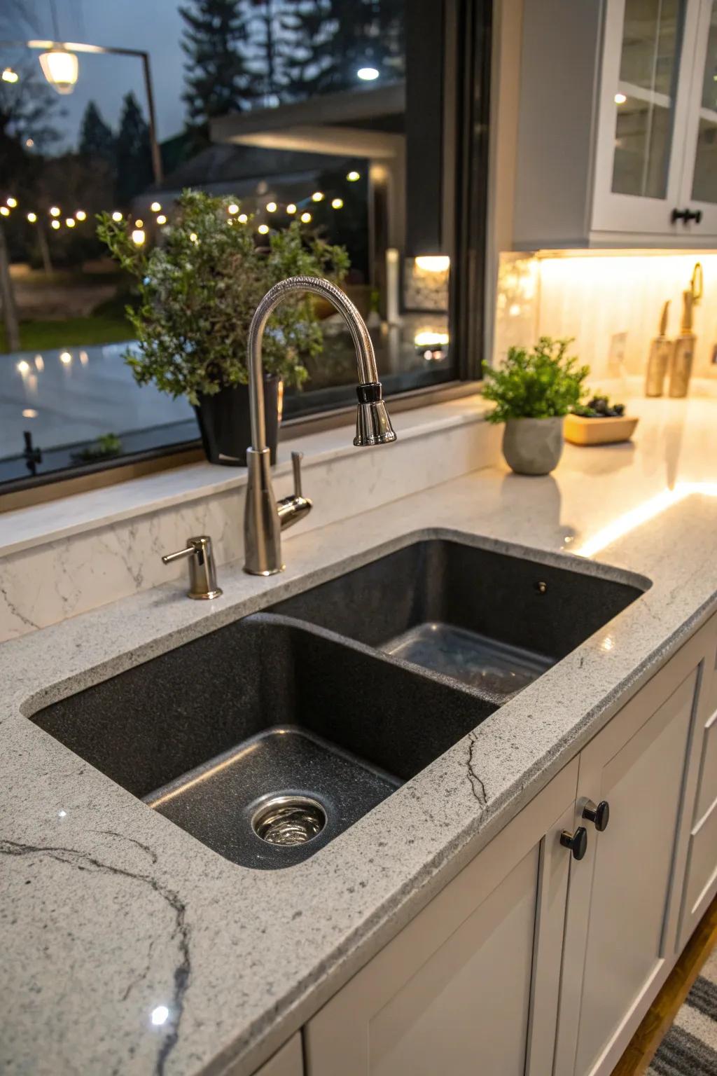 A composite granite undermount sink introducing a luxurious element to the kitchen.