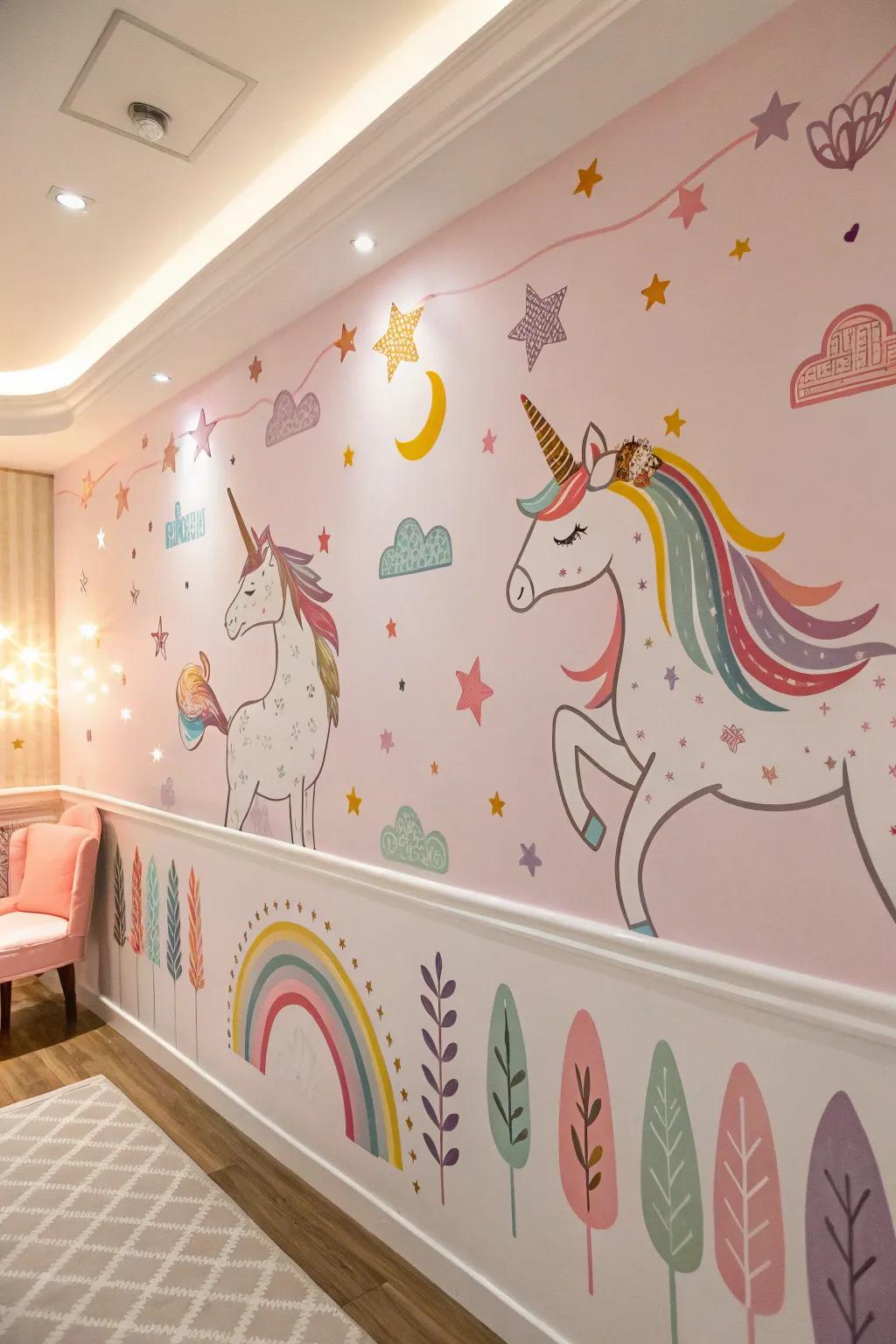 Mythical creature wall stickers enlivening a room in gentle hues.