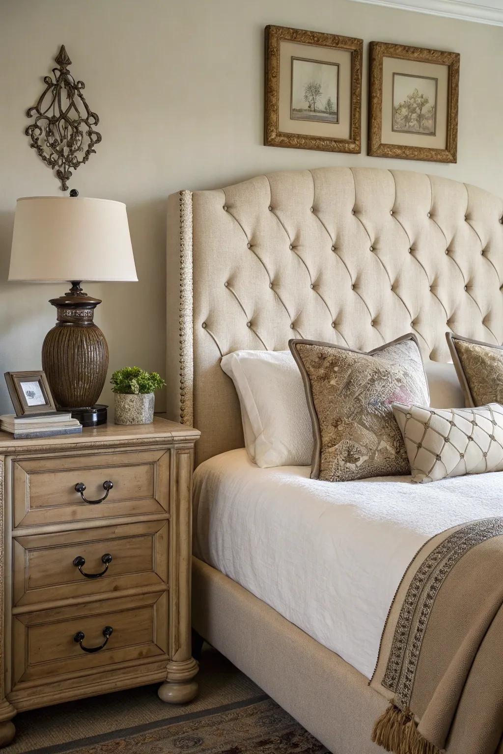 This elegant bedroom is enhanced by button-tufting's enduring appeal.