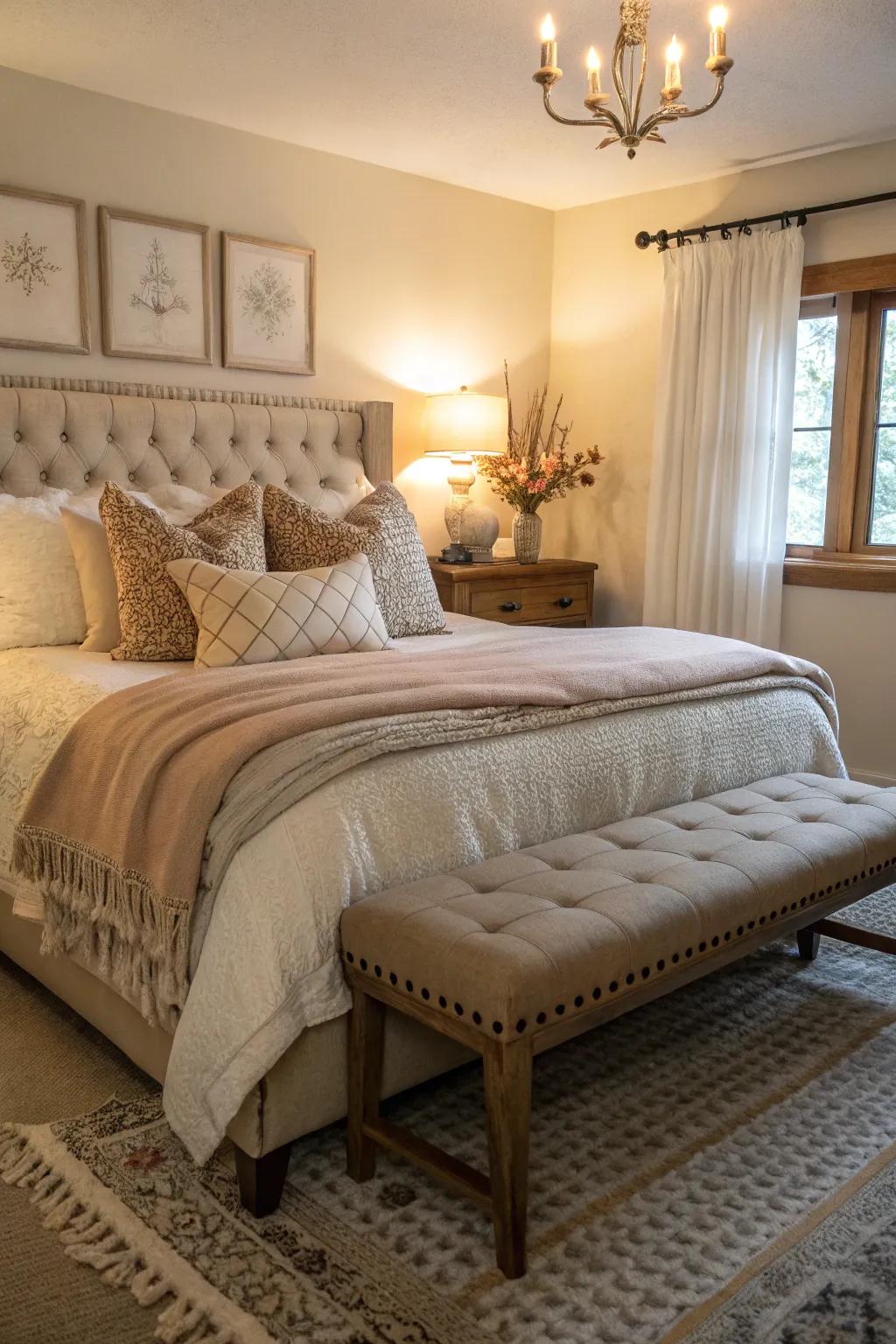 A padded bench contributes both elegance and practicality to the bedroom.