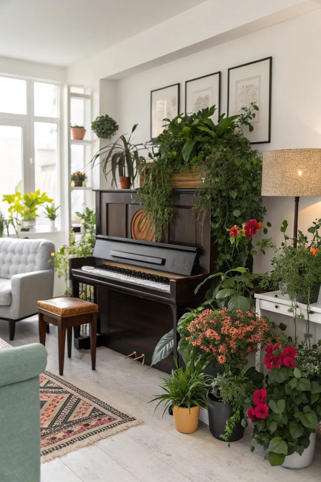 A contemporary living space featuring an upright piano complemented by carefully arranged plants.