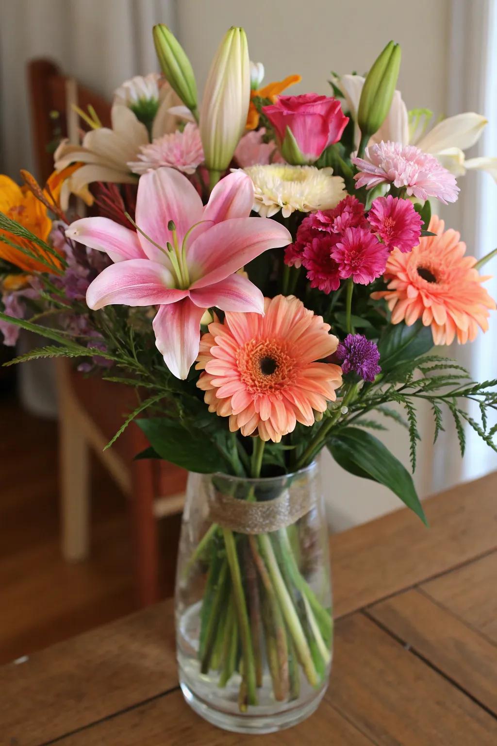 An elegant, mixed flower bouquet elegantly presented in a glass vase.