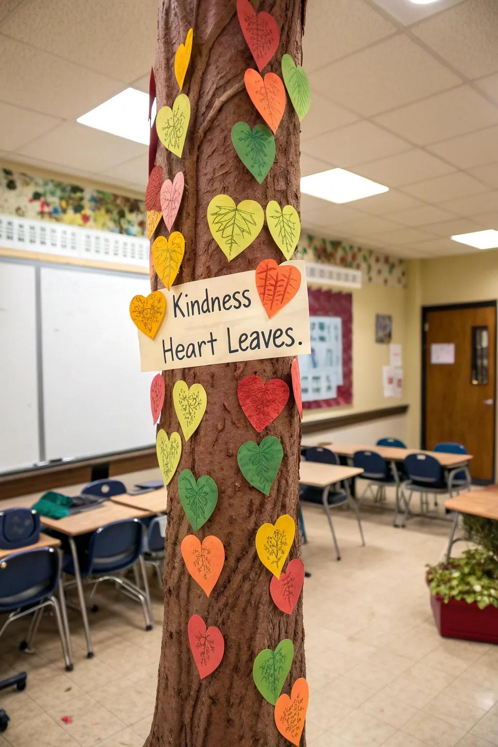 A Tree of Kindness bulletin board highlighted by heart-shaped foliage displaying acts of kindness.