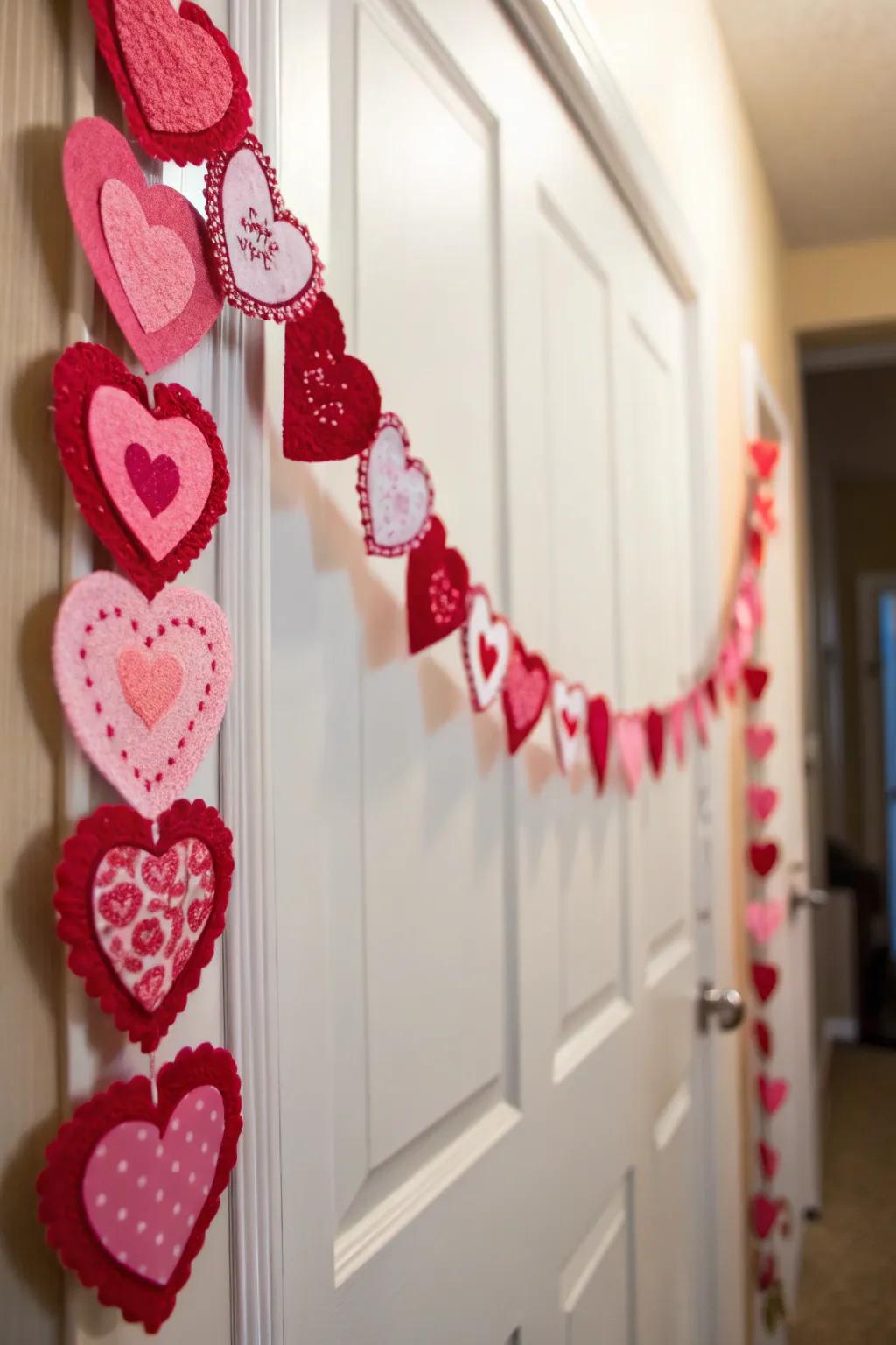 A whimsical sweetheart garland introduces playful charm to the entryway.