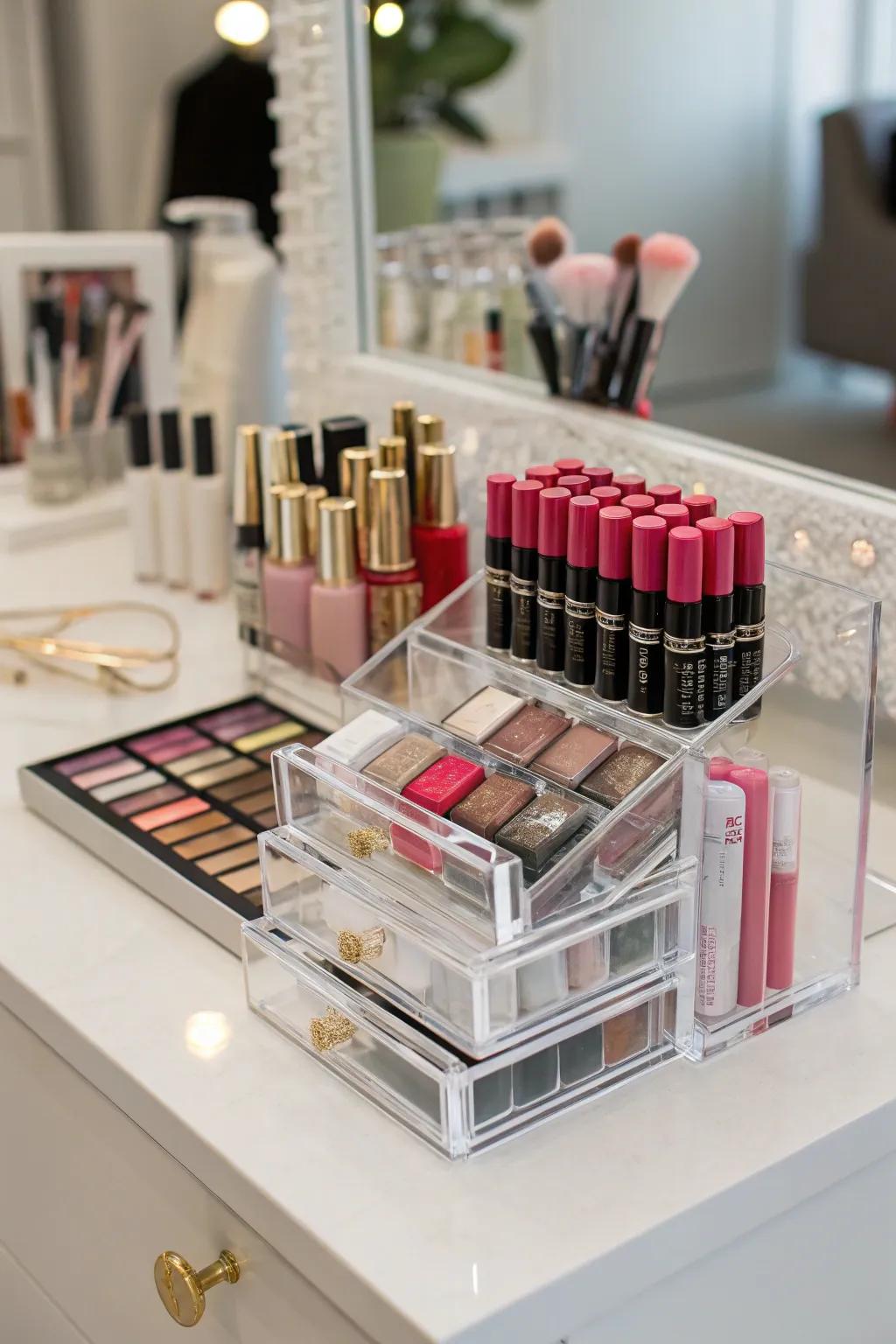 Clear organizers keep your vanity stylishly tidy.