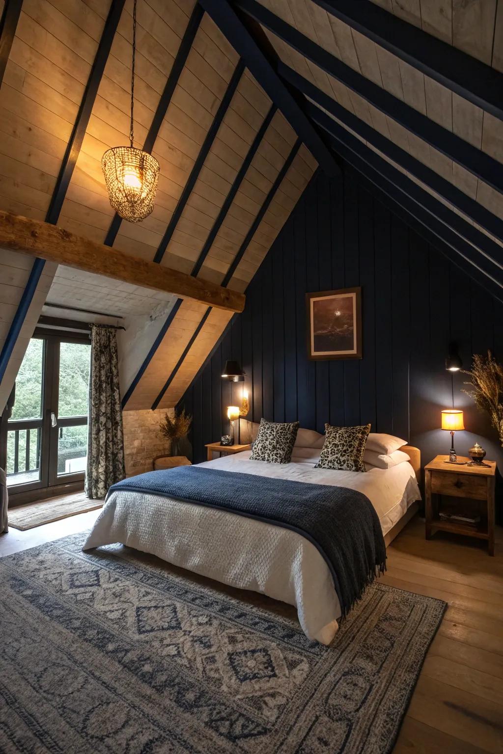 A deep-toned vaulted ceiling contributes drama and comfort to a bedroom.
