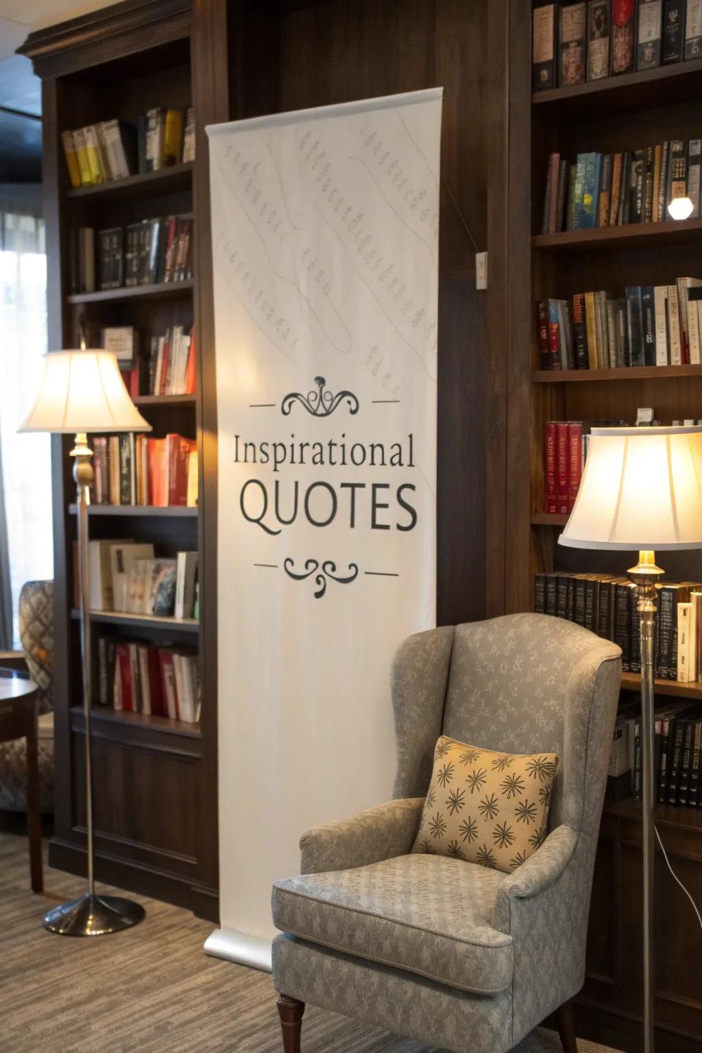 A comfortable nook gains positivity from a banner featuring an inspirational quote.