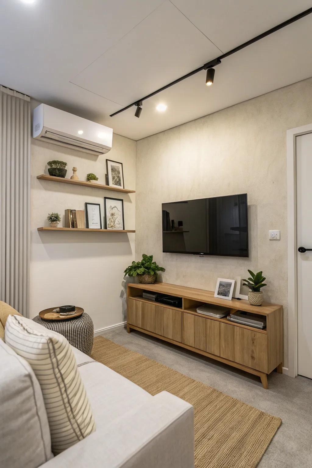 A TV mounted on the wall maximizes space and adds a modern feel