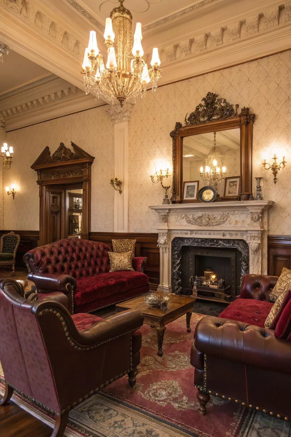 Lavish velvet and leather textures make this Victorian living room a delight to touch and feel.