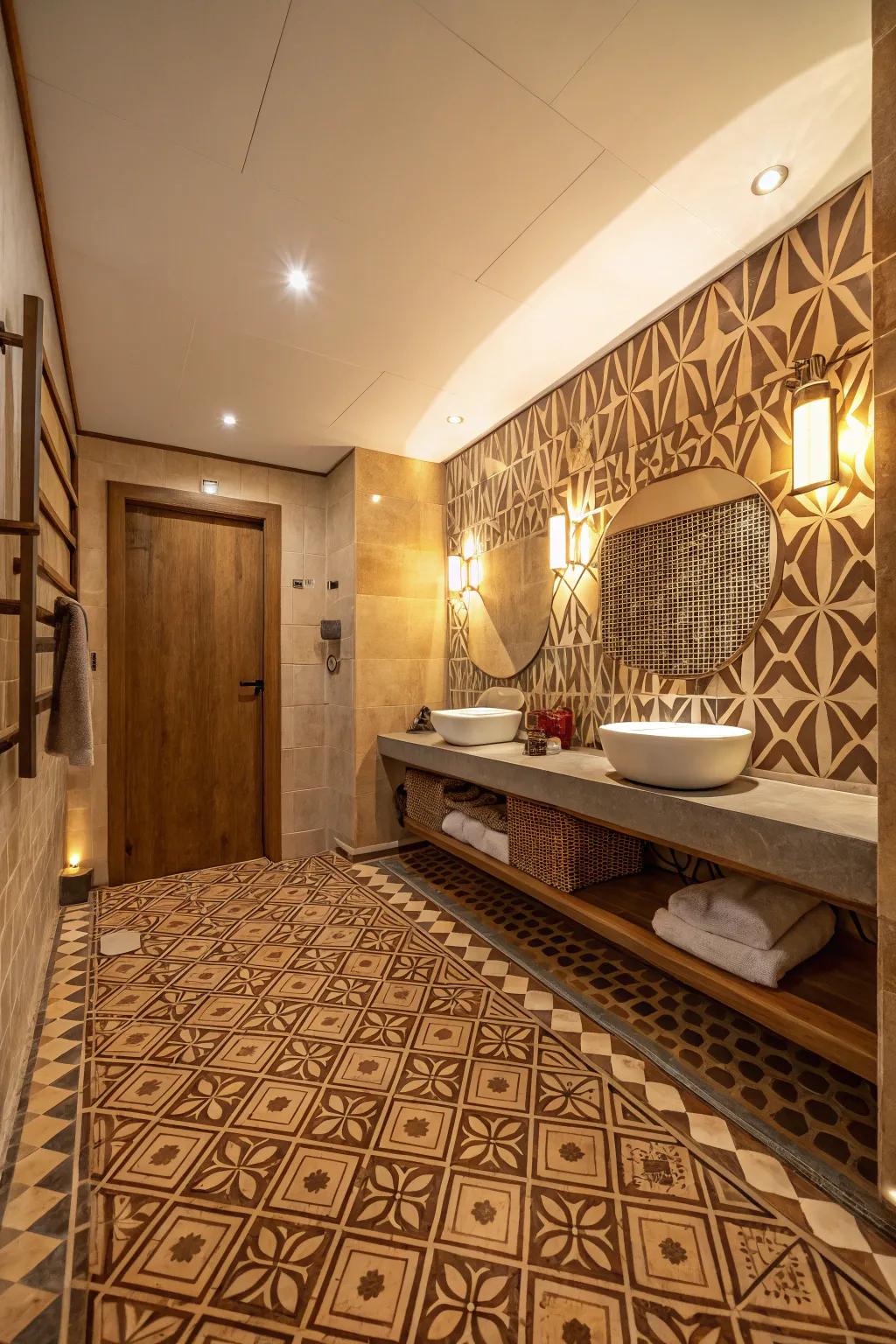 Geometric designs add a playful element to classic brown tiles.