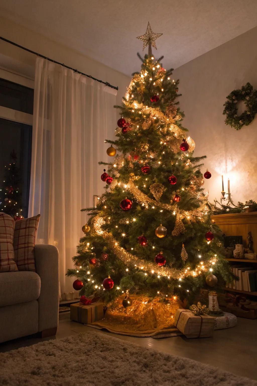 A lustrous Christmas tree embellished with retro shiny strips.