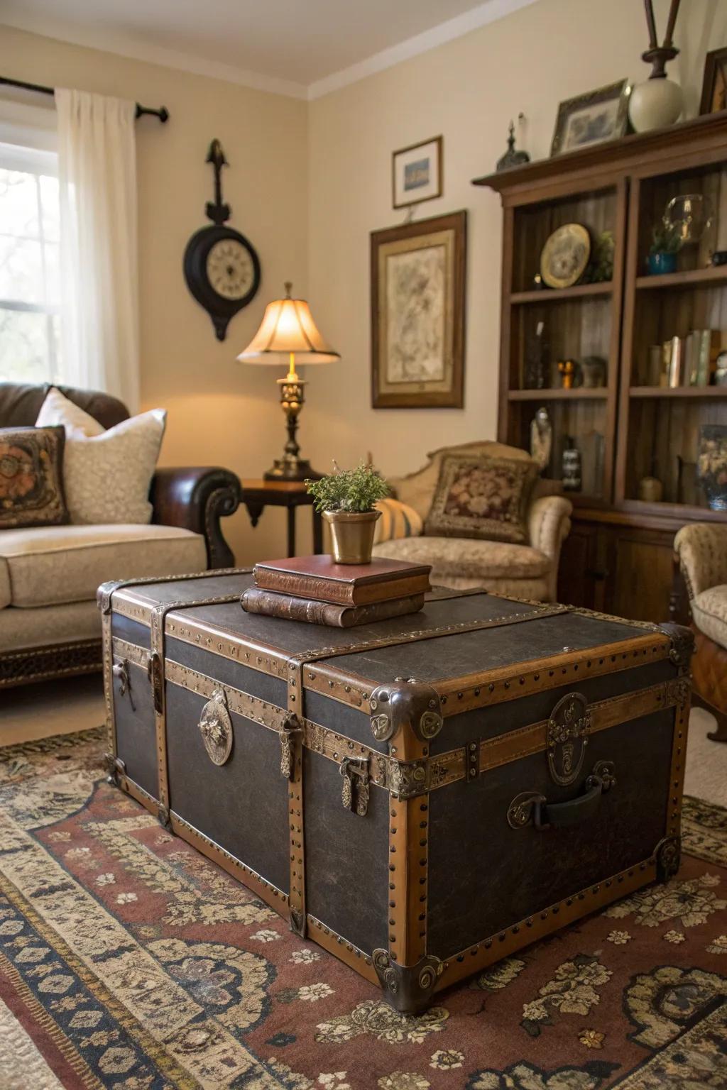 A vintage trunk creatively repurposed as a coffee table, offering concealed storage.