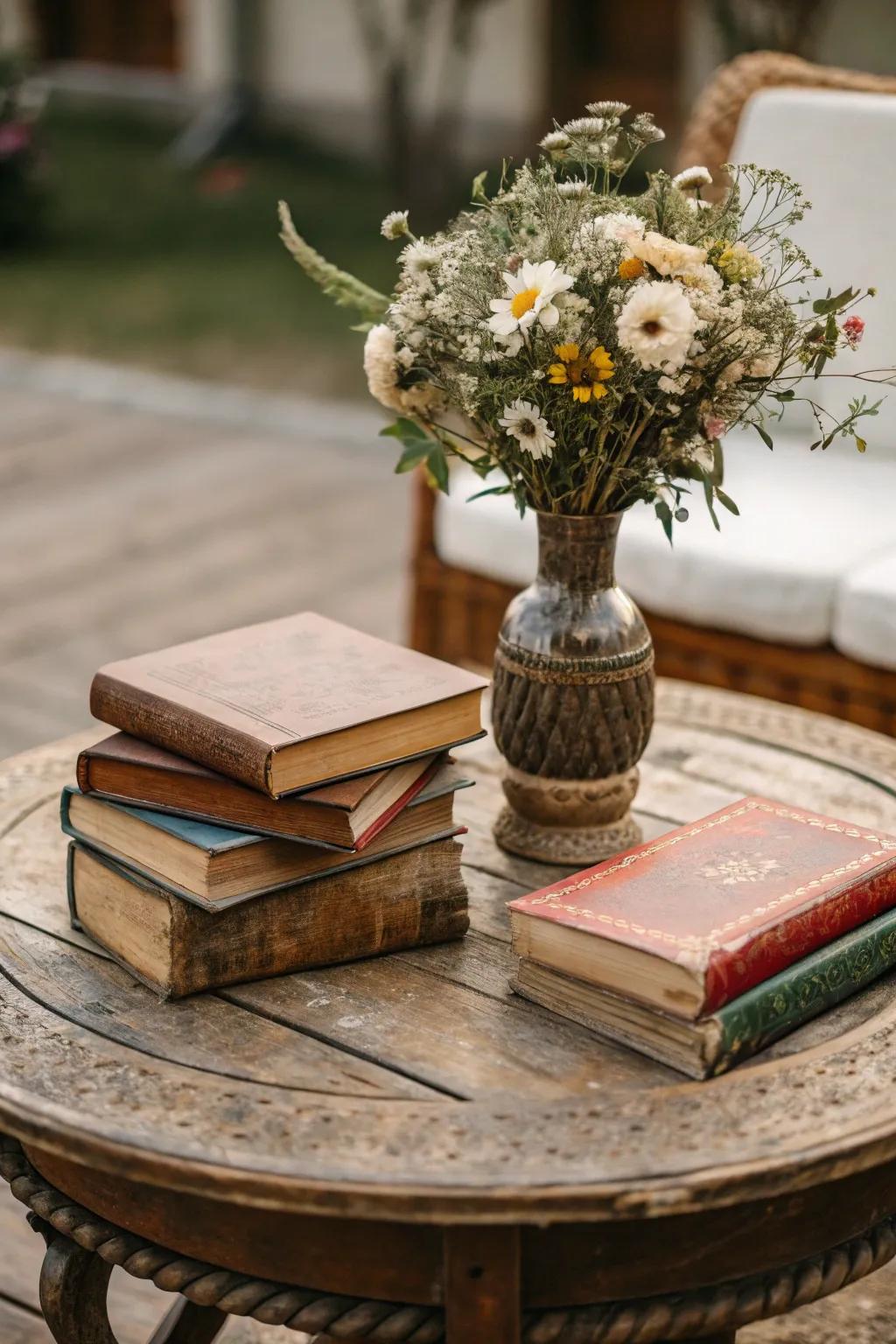 A retro wood center table decorated with books and a vase.