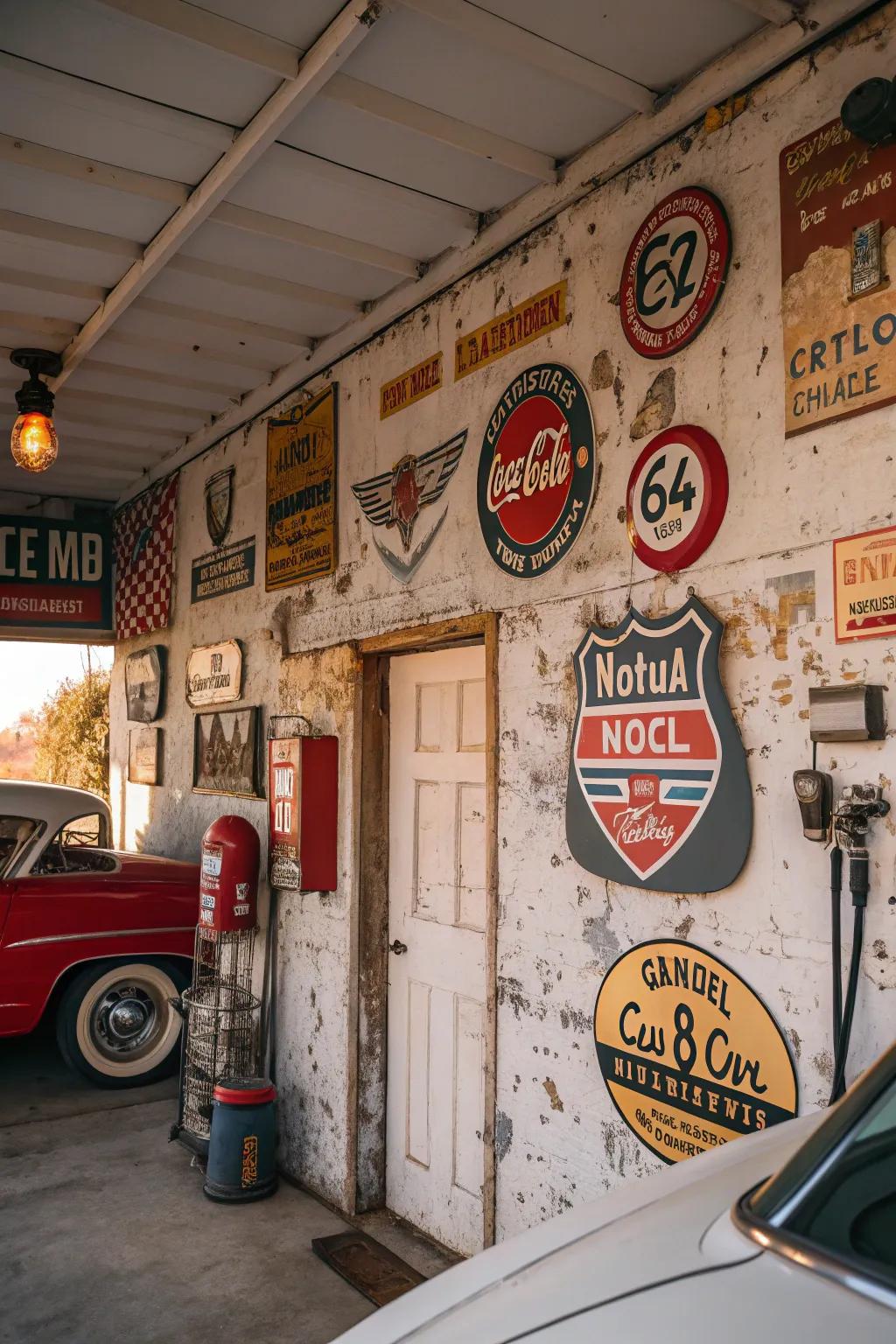 Retro placards infuse a burst of nostalgia into a vintage garage.