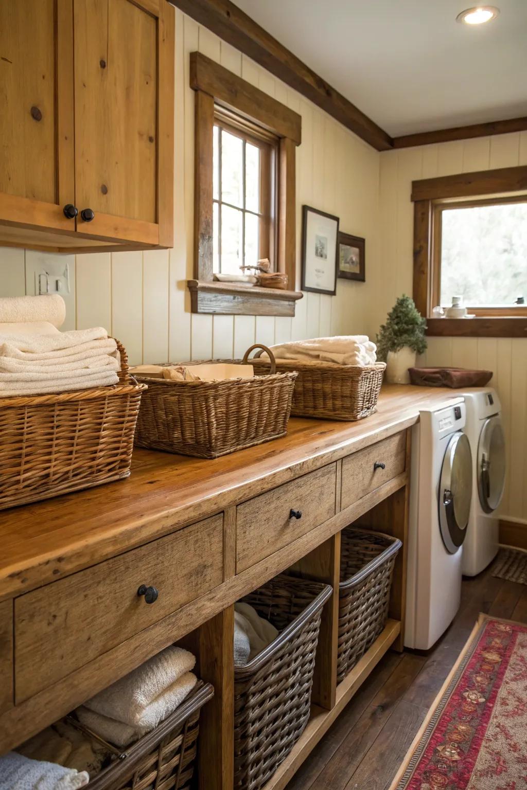 Delightful wood surfaces paired with classic storage options.