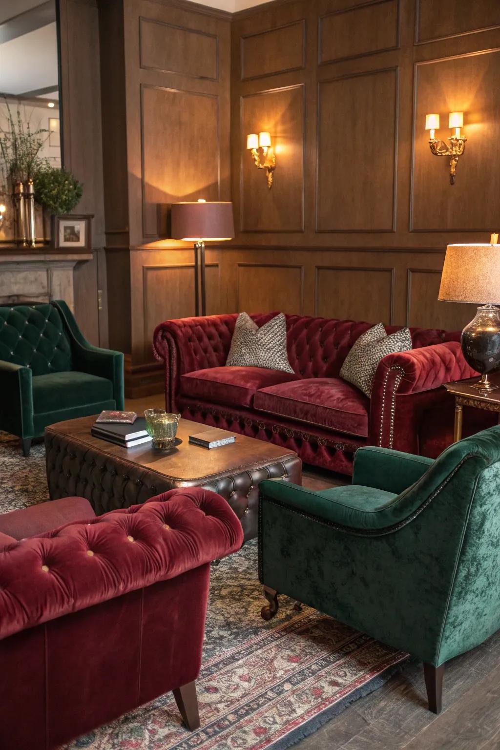 Lush textures such as velvet and leather enhance the room's coziness and sophistication.
