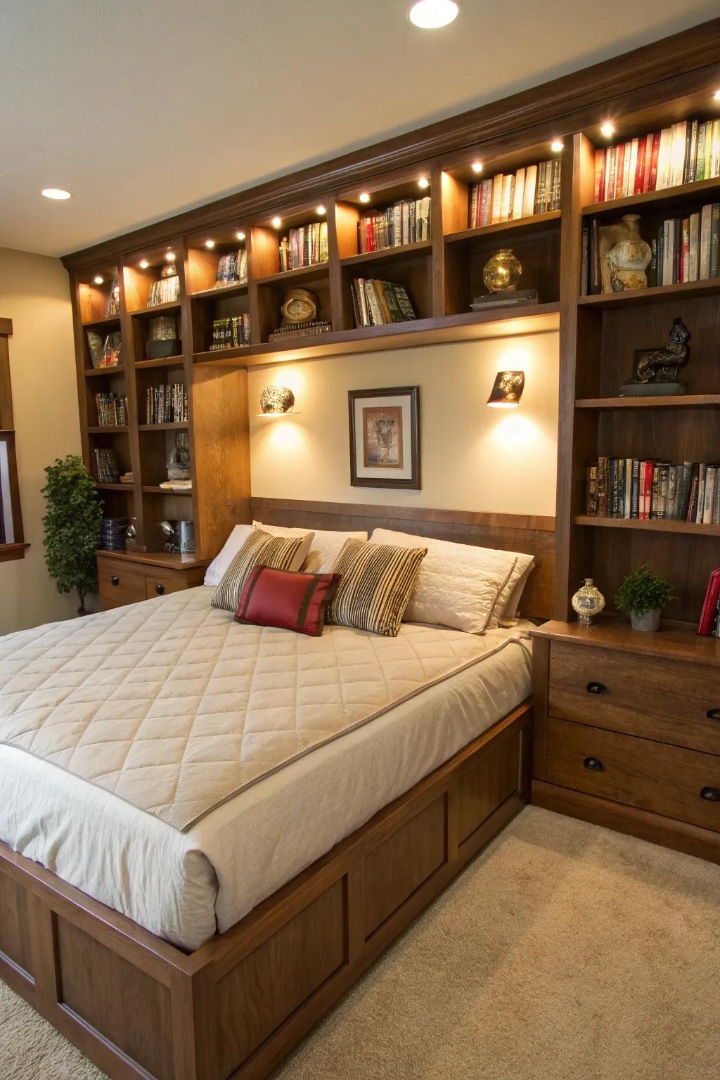 Integrated shelves present a fashionable and functional storage solution.