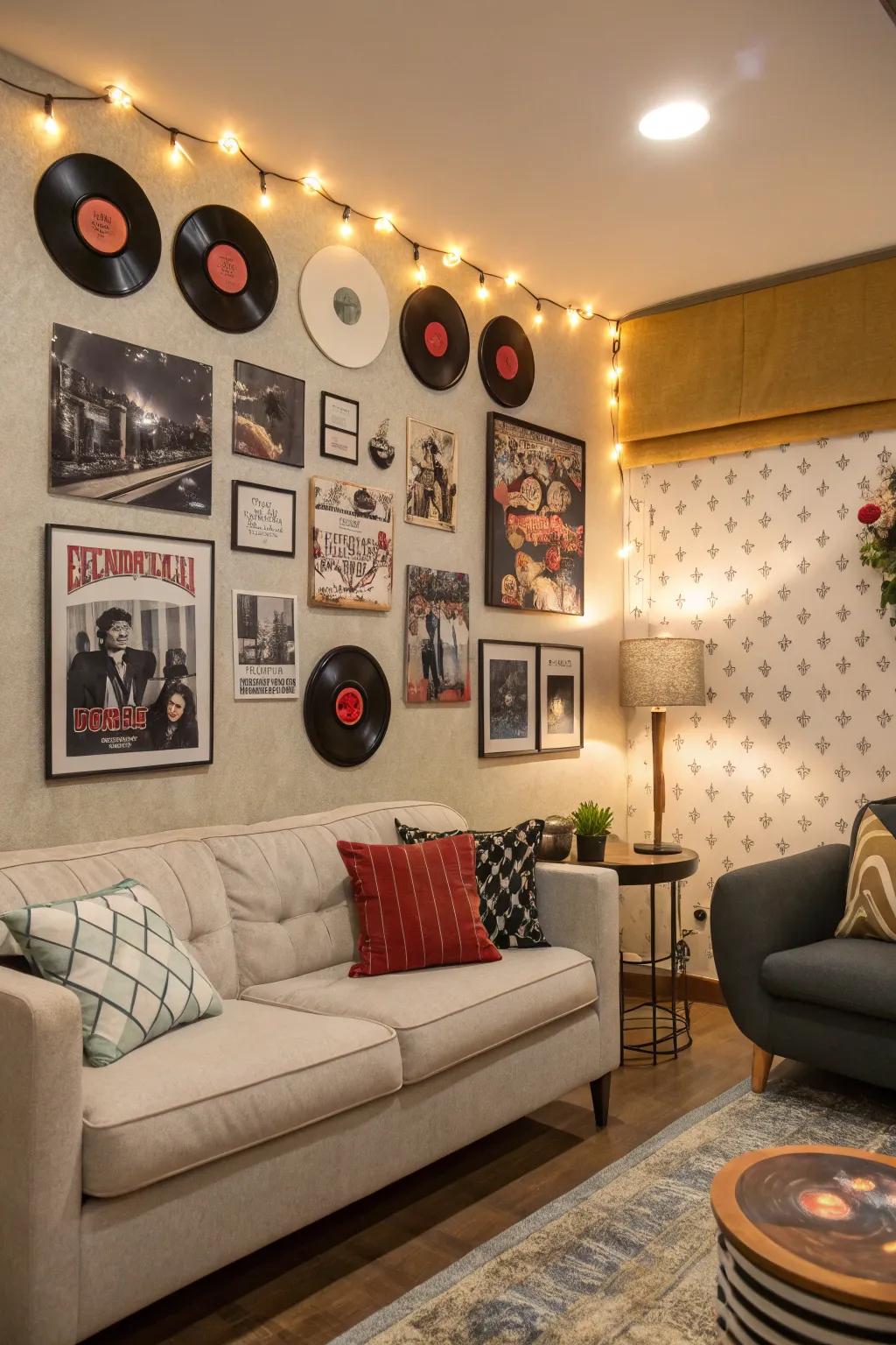 Combine records with memorabilia to create a personalized wall theme.