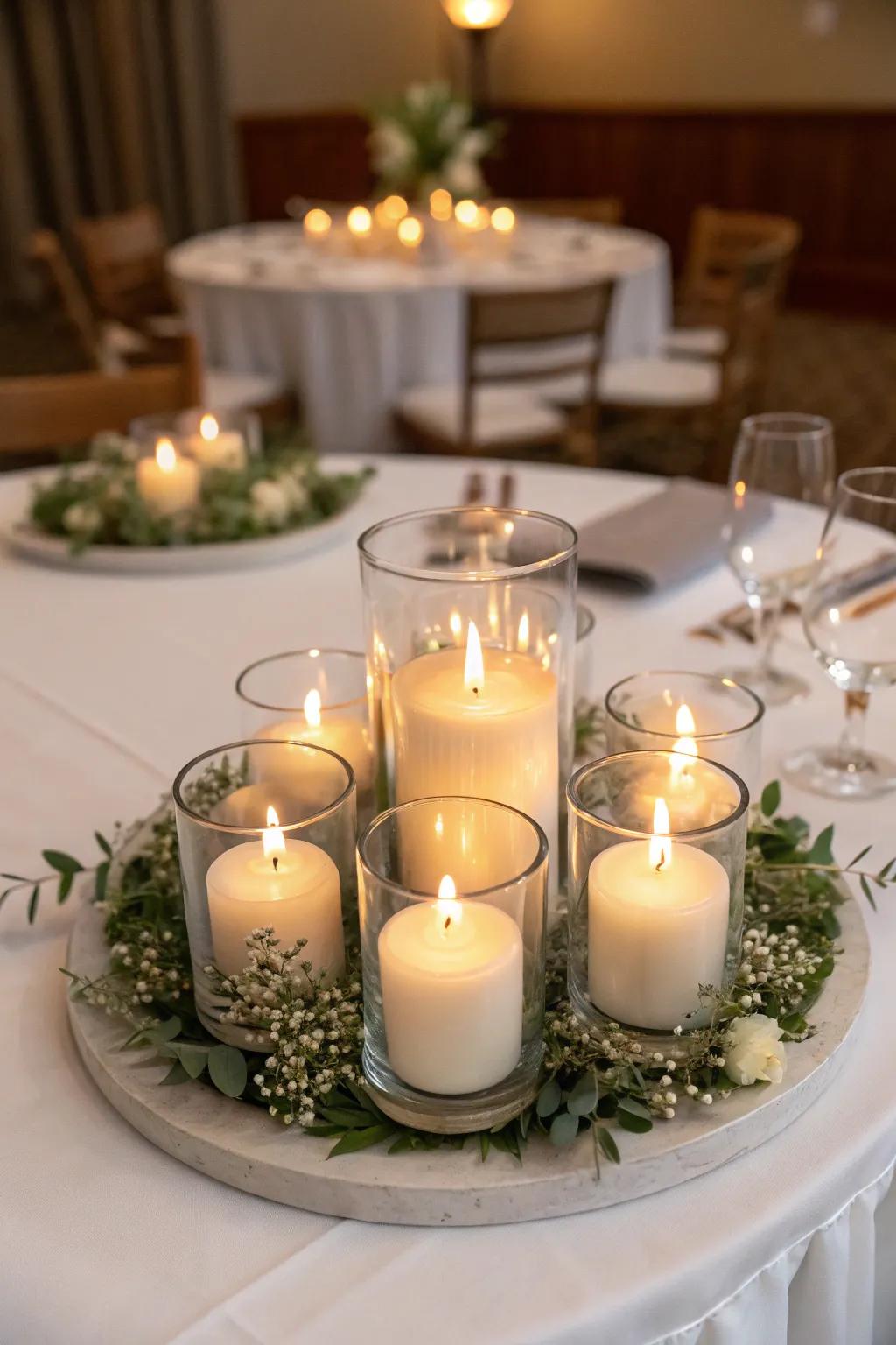 Glass votive vessels emphasize the charm of candlelight.