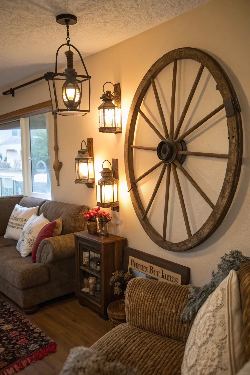 A cartwheel utilized as a countryside wall ornament, enhanced by surrounding period signal lamps.