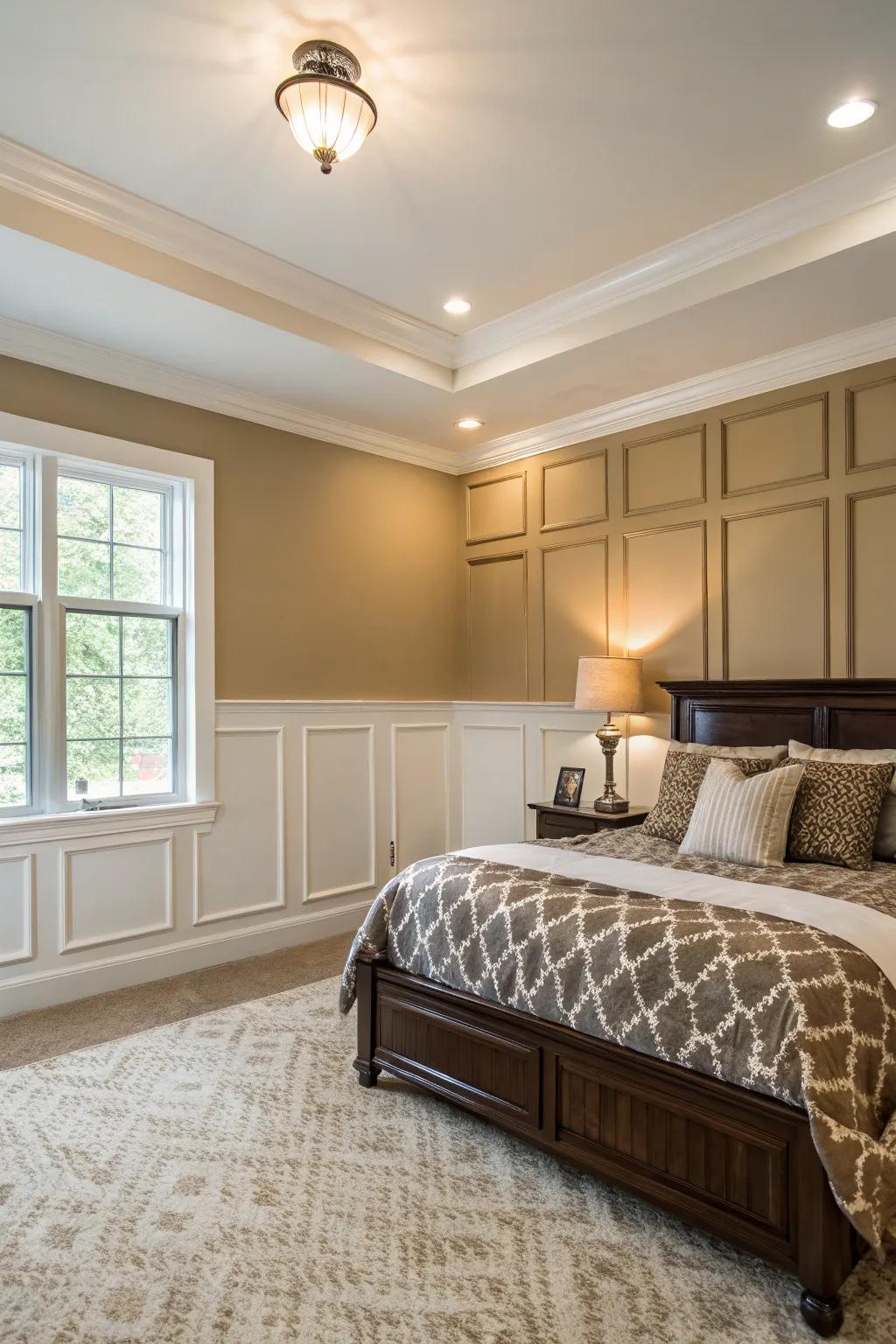 Two-toned paneling enriches depth and elegance.