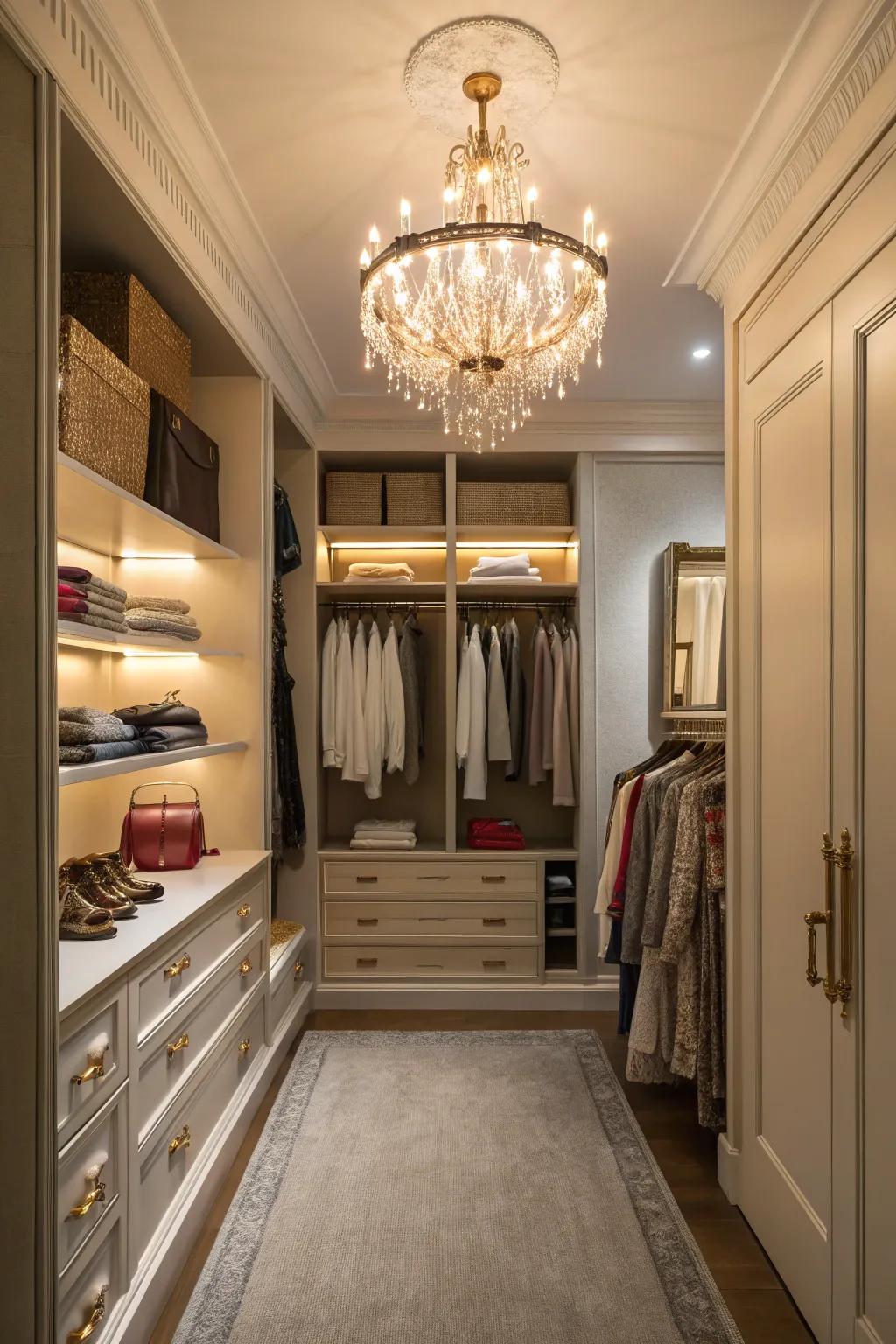A walk-in closet enhanced by a classic chandelier, introducing added elegance.