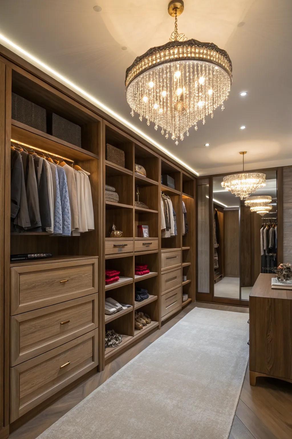 Stylish lighting makes the closet feel like a high-end boutique.
