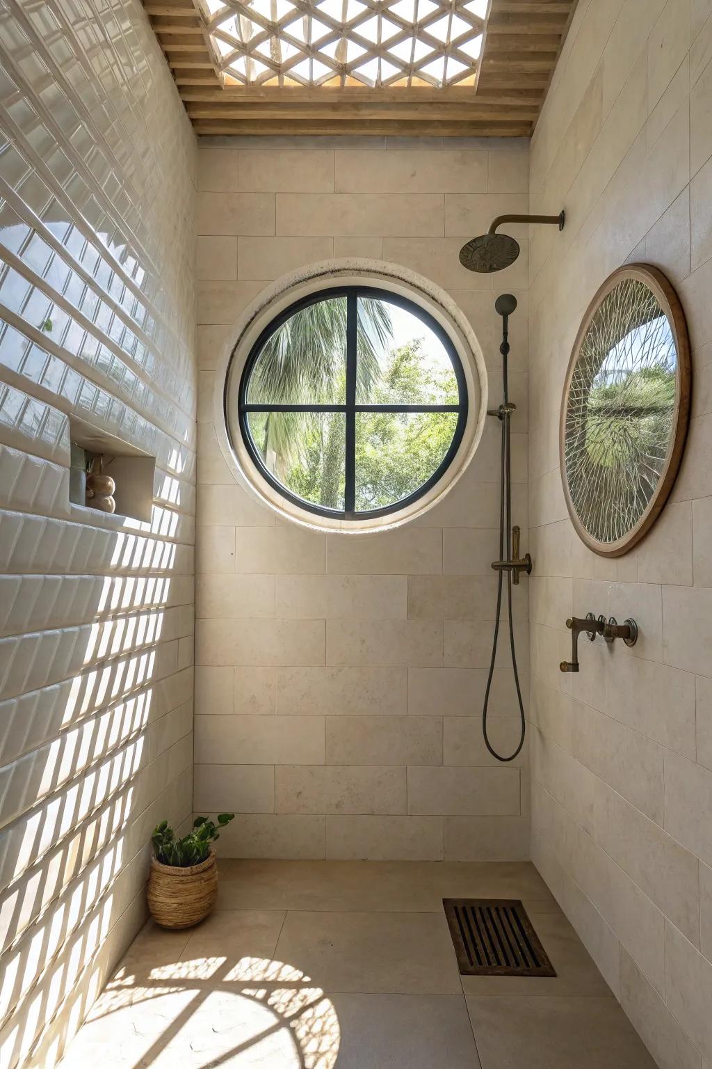 A delightful circular window in a walk-in shower, bringing in natural light and enhancing architectural interest.