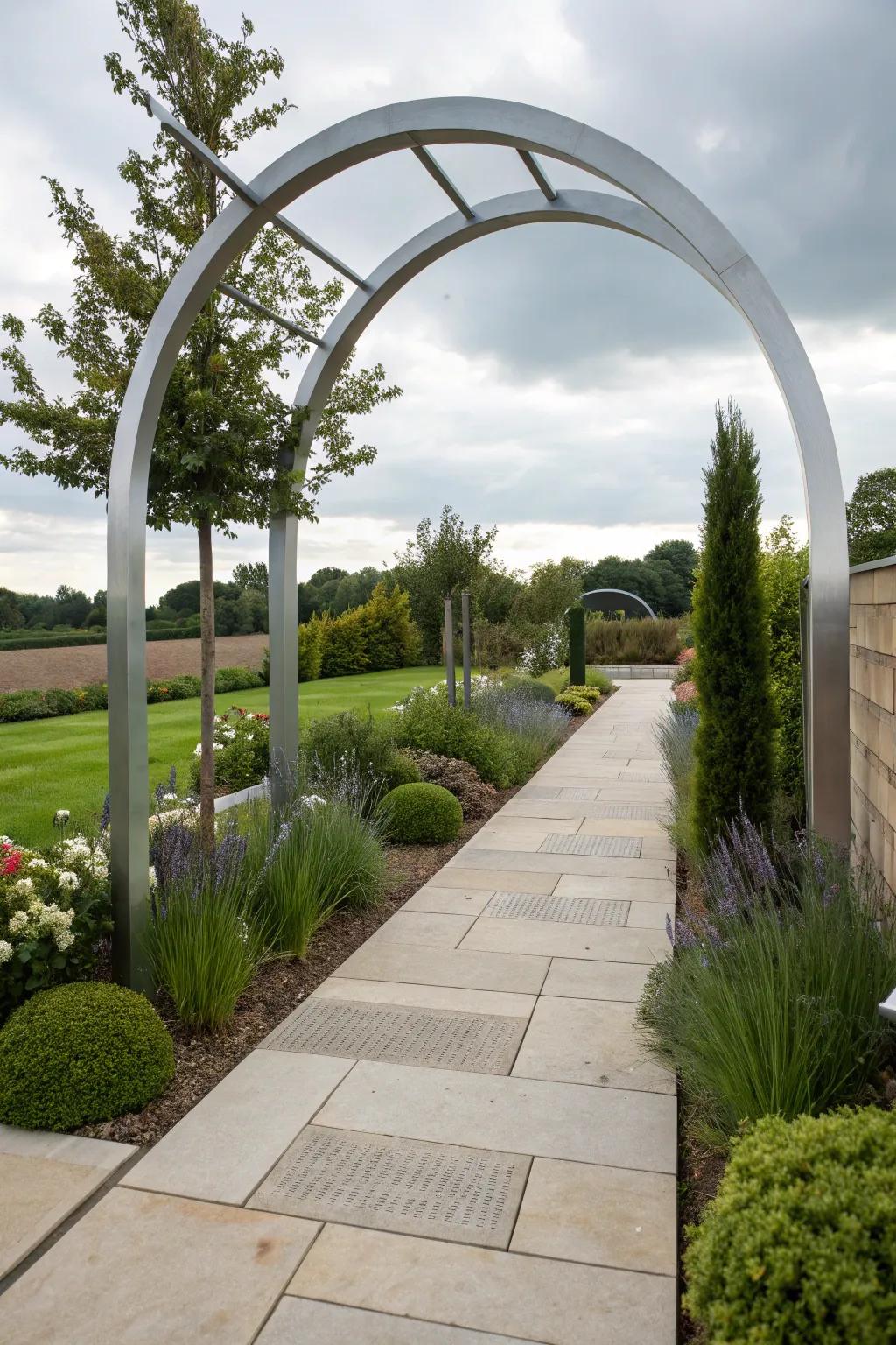 Metallic archways offer a contemporary touch with their streamlined contours and resilience.